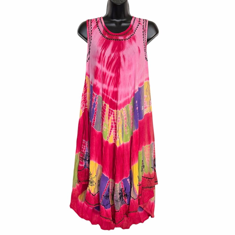 Vtg Y2K India Boutique Tie Dye Dress Free Size Fits 1X Embroidered Boho Gypsy